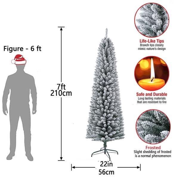7 Feet Prelit Snow Flocked Pencil Christmas Tree Decoration 150 LED UL ...