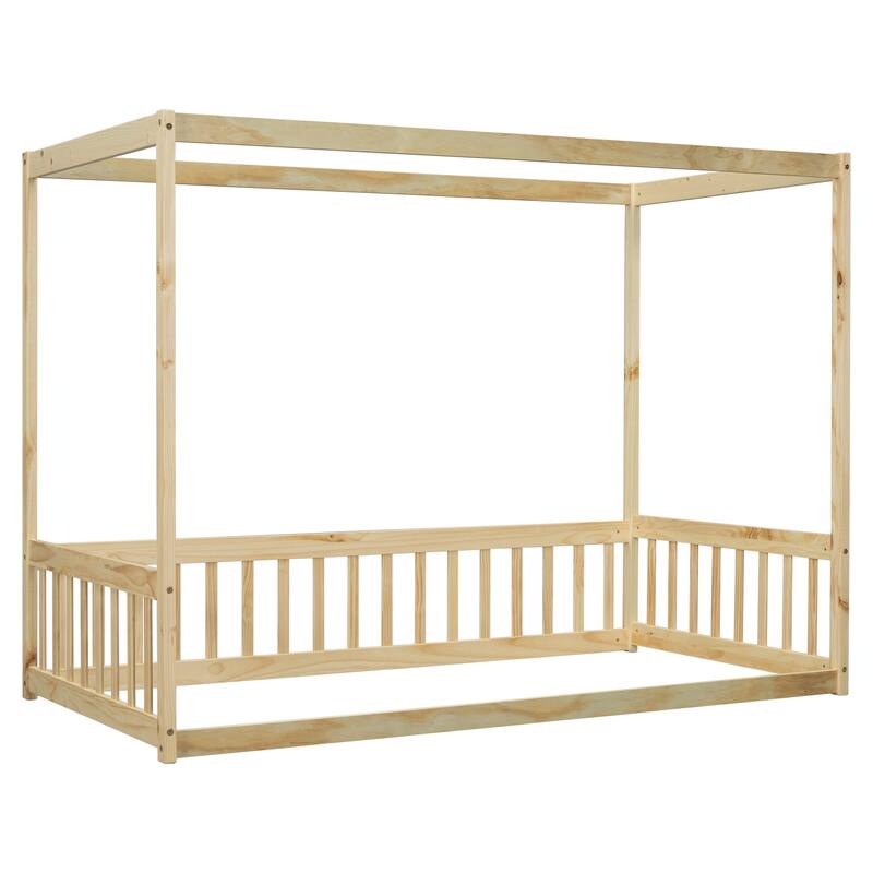 Nestfair Twin Size Canopy Frame Floor Bed with Fence