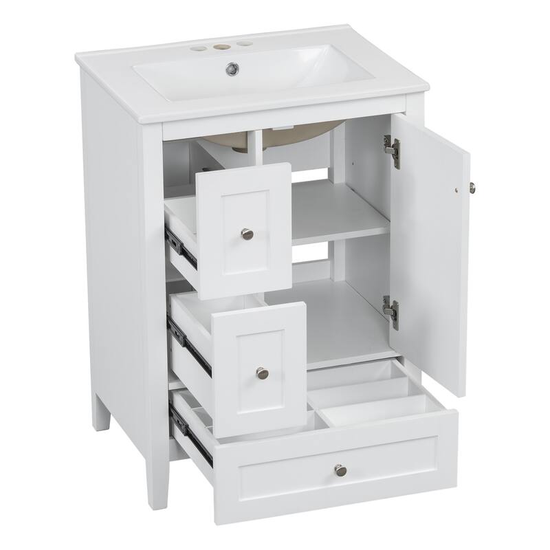 Roomfitters 24" Bathroom Vanity with Sink, Solid Wood Legs, 3 Drawers with Removable Dividers & Adjustable Shelf