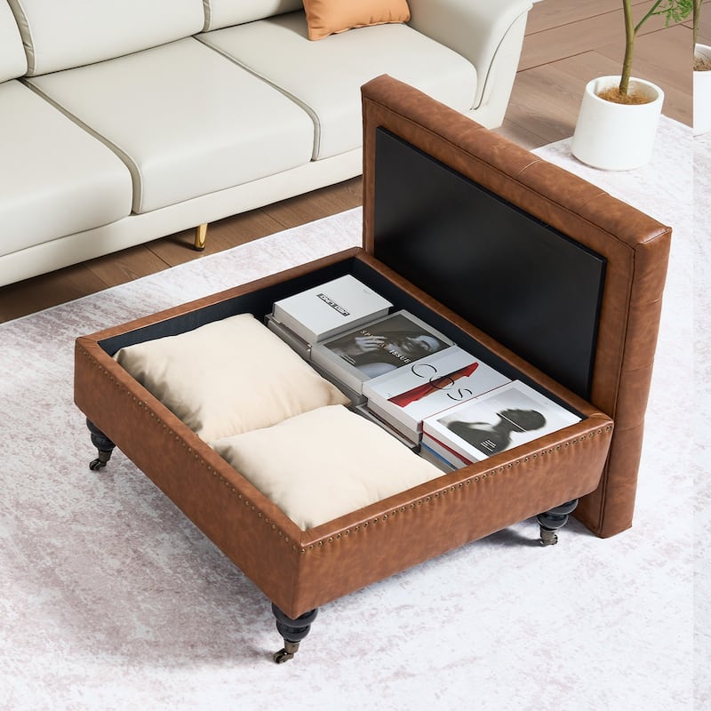 Leather Square Storage Ottoman with Wheels and Wooden Frame – Tufted Coffee Table Bench