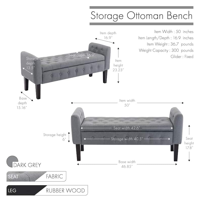 Porthos Home Inari Fabric Flip Top Storage Ottoman Bench with Rubberwood Legs