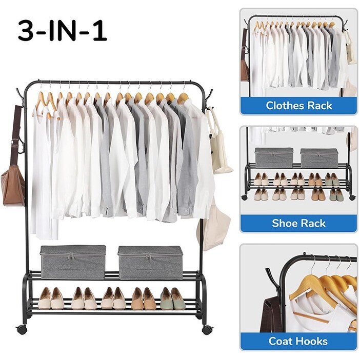 Clothes Rack with Wheels, Double-Deck Garment Rack