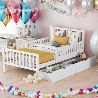 Twin Size Wood Platform Bed with Guardrails on Both Sides and Two Storage Drawers