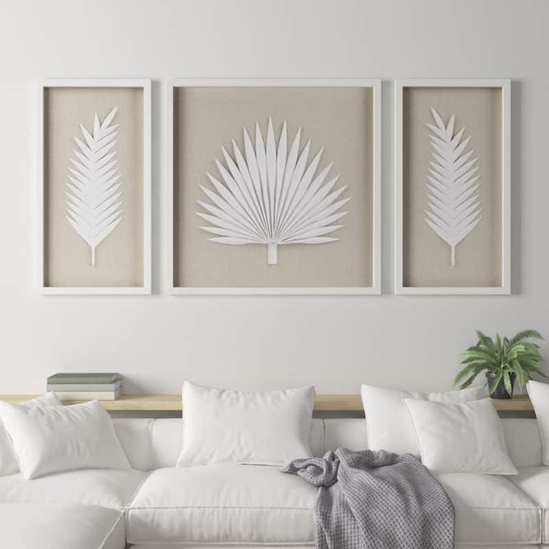 Roomfitters 3-Piece Framed Rice Paper Palm Leaf Shadowbox Wall Decor Set, White Coastal Botanical Art for Living Room - White