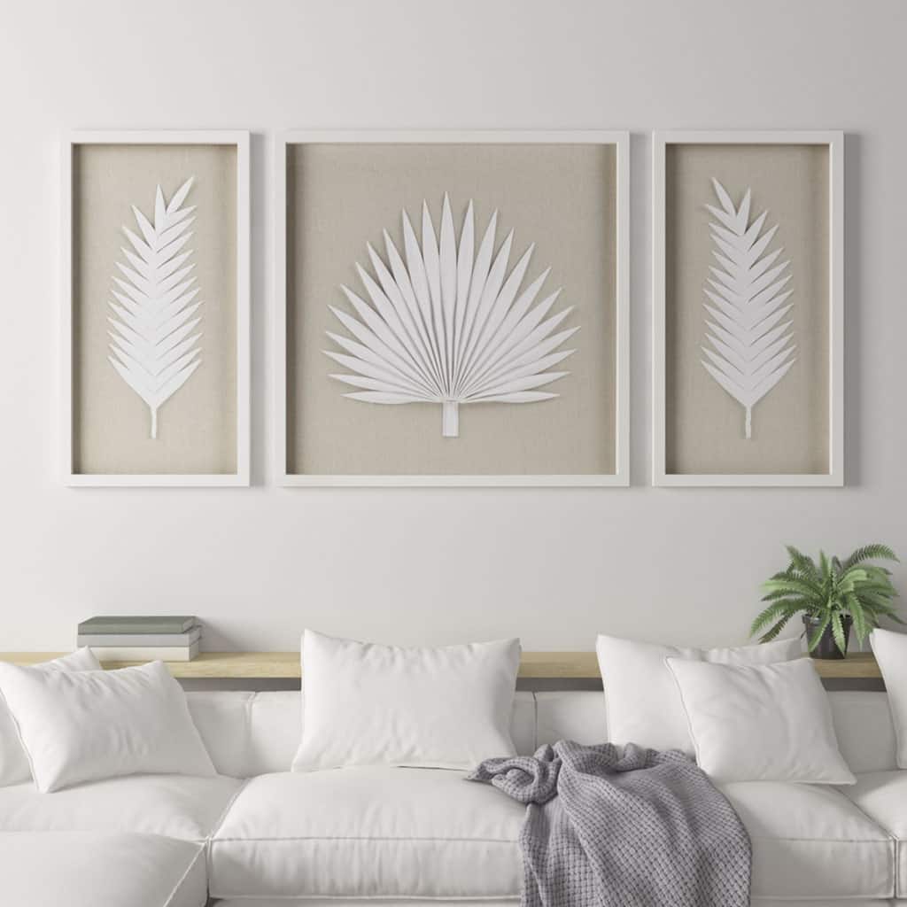 Roomfitters 3-Piece Framed Rice Paper Palm Leaf Shadowbox Wall Decor Set, White Coastal Botanical Art for Living Room