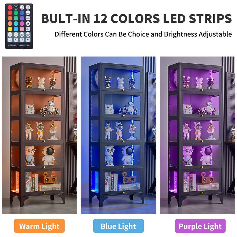 4/5-Tier Curio Display Cabinet with Glass Flip Doors & LED Light Strip