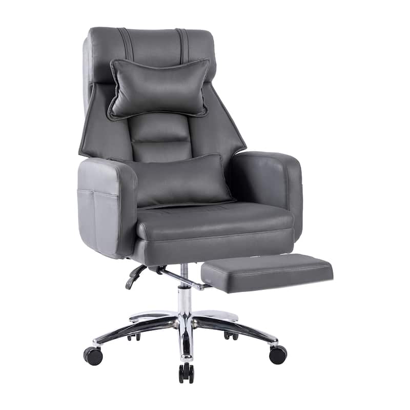 Dark Grey Technology Leather 360° Swivel Manual Office Recliner with Lumbar Support, Headrest, Footrest, Adjustable Height
