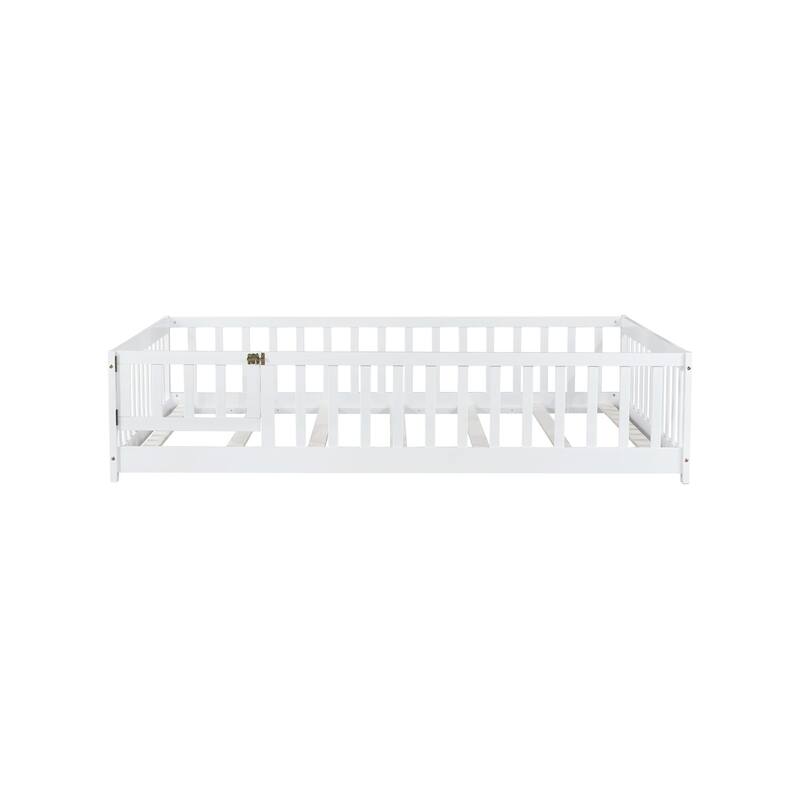 Full Size Floor Bed with Fence and Door,Rubber Wood Floor Bed with Safety Guardrails