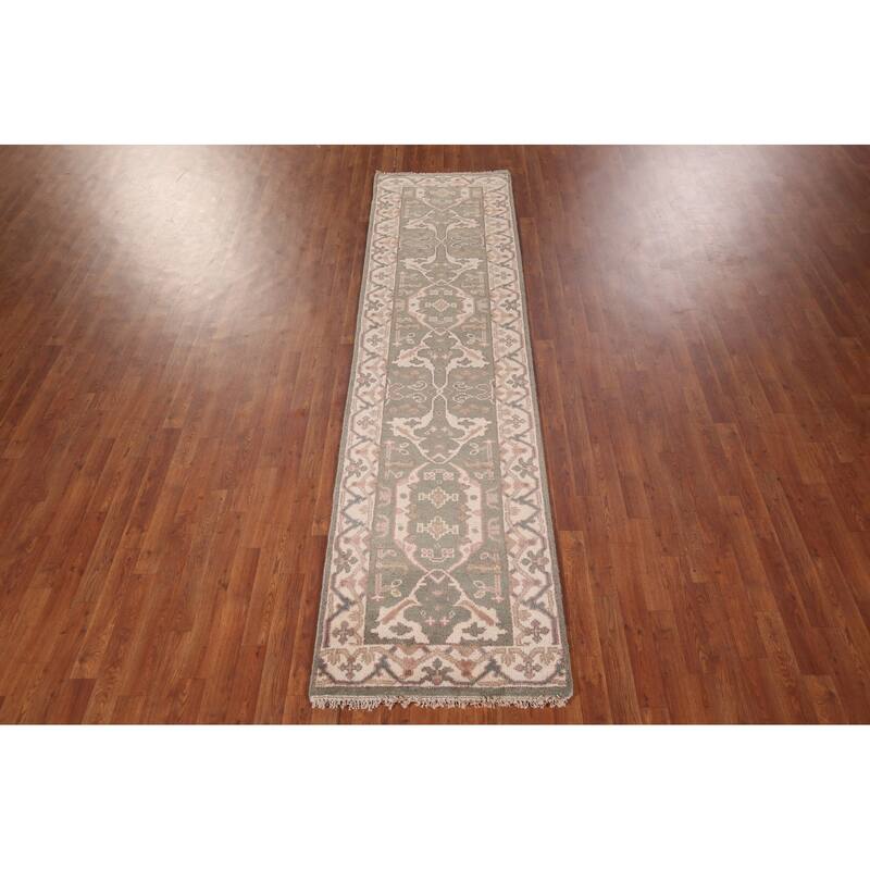 Green Oushak Oriental Runner Rug Handmade Wool Carpet - 2'7"x 9'11"