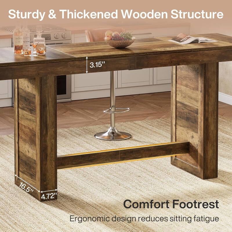 70.9" Extra Long Farmhouse Bar Table, Rectangular Pub Table with Footrest - 70.87" W x 19.69" D x 37.40" H