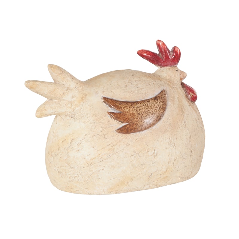 Cream Magnesium Oxide Sitting Rooster Decorative Garden Sculpture with Brown and Red Accents