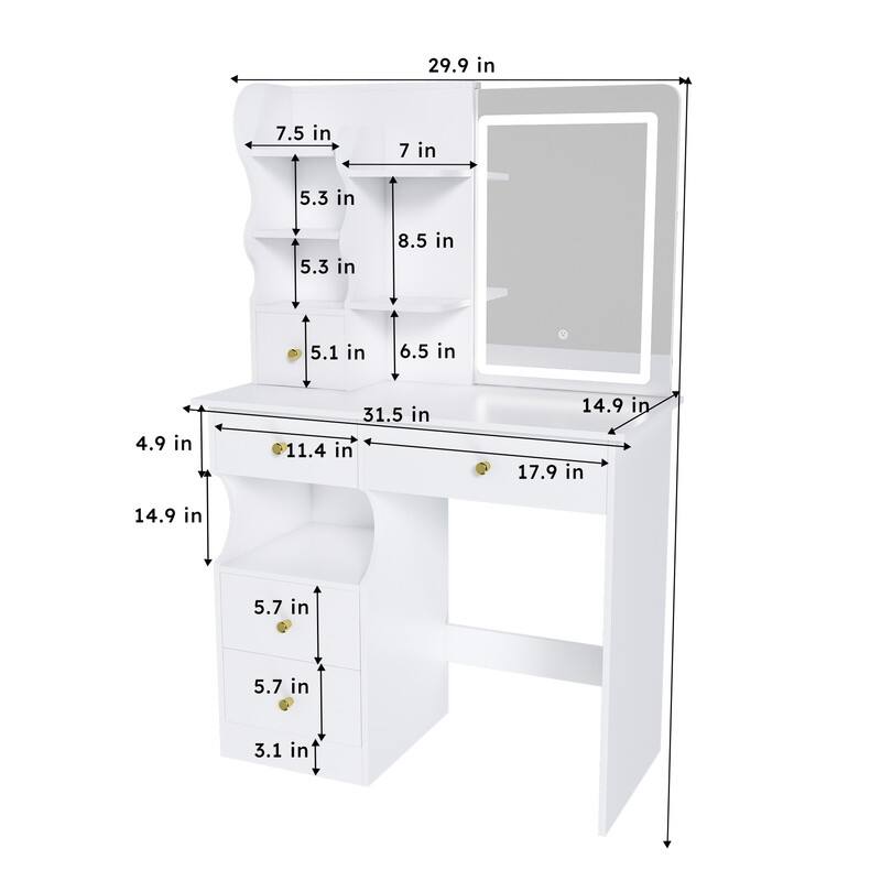 Vanity Desk with Sliding Mirror and Lights White Makeup Vanities with 5 Drawers ，movable and hidden mirror