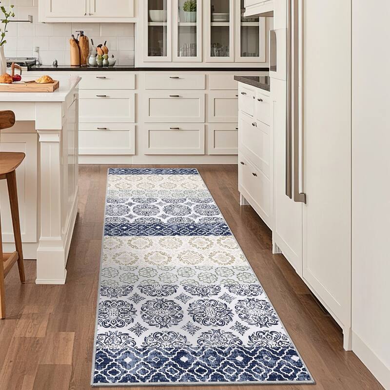 Vintage Floral Area Rug Boho Geometric Rugs for Living Room Bedroom Soft Throw Carpet - 2'x6' - Blue