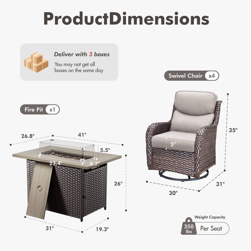 Meyreso 5-Piece Outdoor Patio Wicker Fire Pit 4 person Conversation Set with 5-Inch Thick Cushions