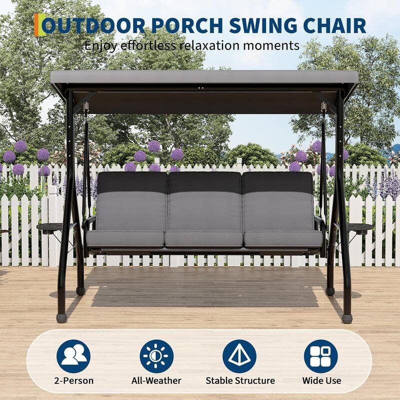 3 Seat Outdoor Porch Swing Chair with Canopy ＆ Cup Holders for Backyard, Porch, Garden