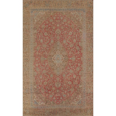 Distressed Mashad Persian Vintage Rug Hand-Knotted Floral Wool Carpet - 8'10"x 13'10"
