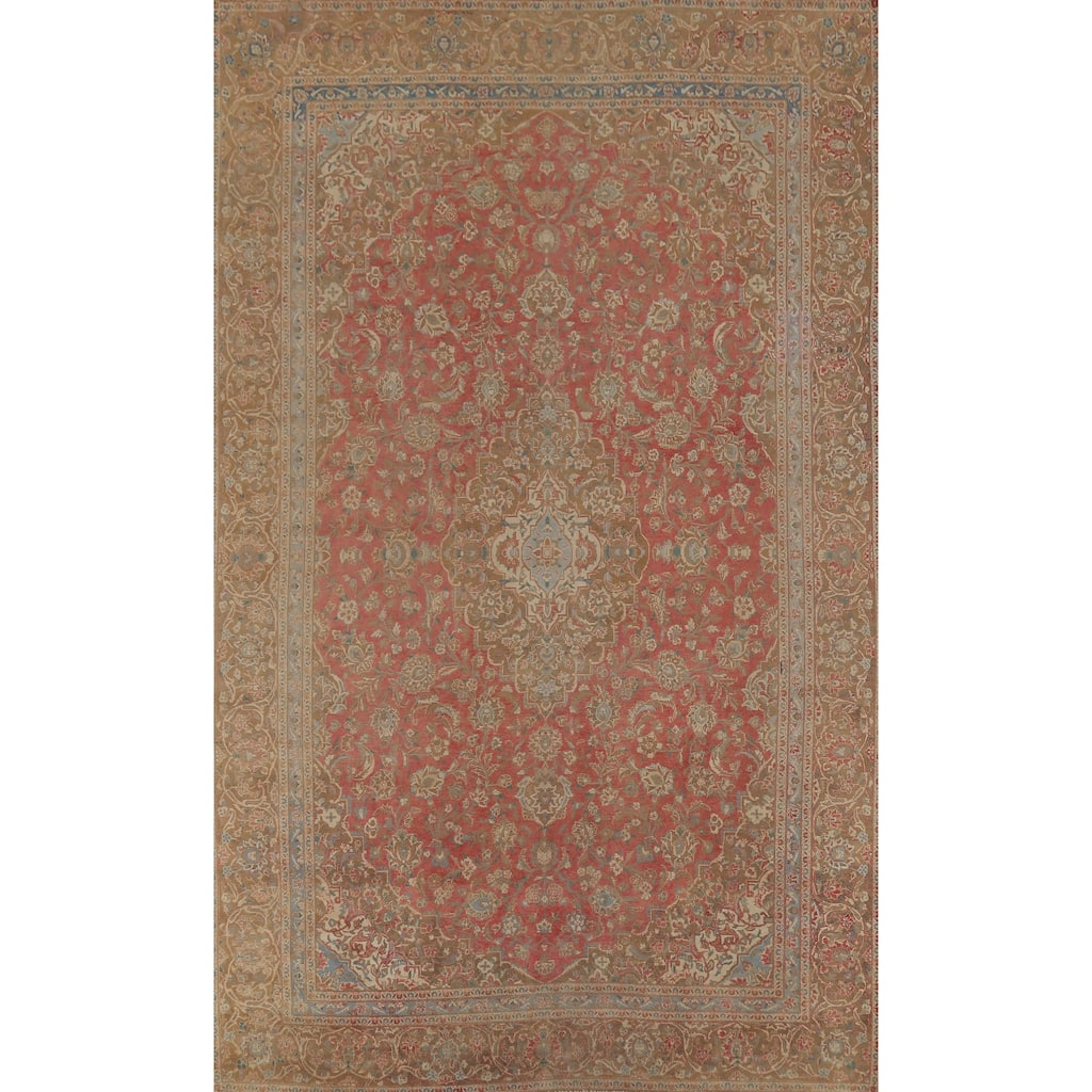 Distressed Mashad Persian Vintage Rug Hand-Knotted Floral Wool Carpet - 8'10"x 13'10"