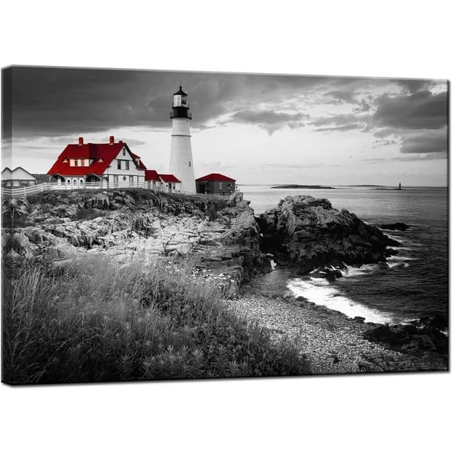 Black and White Red Wall Art Portland Lighthouse Landscape