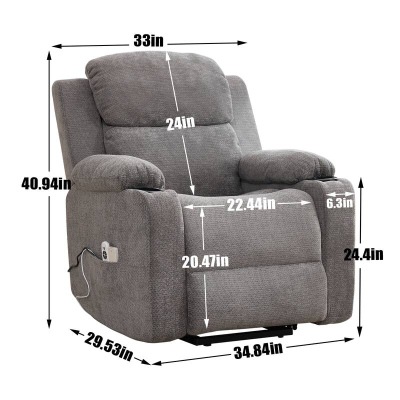 Chenille Power Lift Recliner Chair, Heavy Duty Recliner Chair with Heat & Massage, Lounge Chair with USB Ports & Cup Holders
