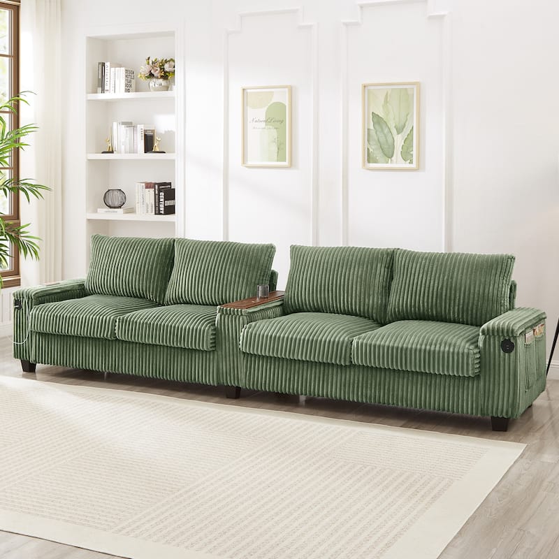4 Seater Corduroy Sofa Couch with USB Ports and Storage Arms, 133" Modern Sofa with Side Pockets and Flip-Top Cup Holders