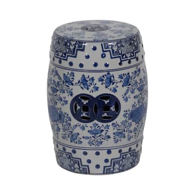 Sagebrook Home 18"Hx13" Diameter, Ceramic Chinoiserie Stool, Blue/White, Handcrafted Garden Stool