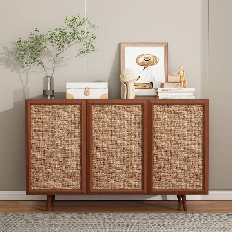 Farmhouse Media Console Storage Cabinet with 3-Doors and Shelves for Entryway or Living Room Organization - Brown
