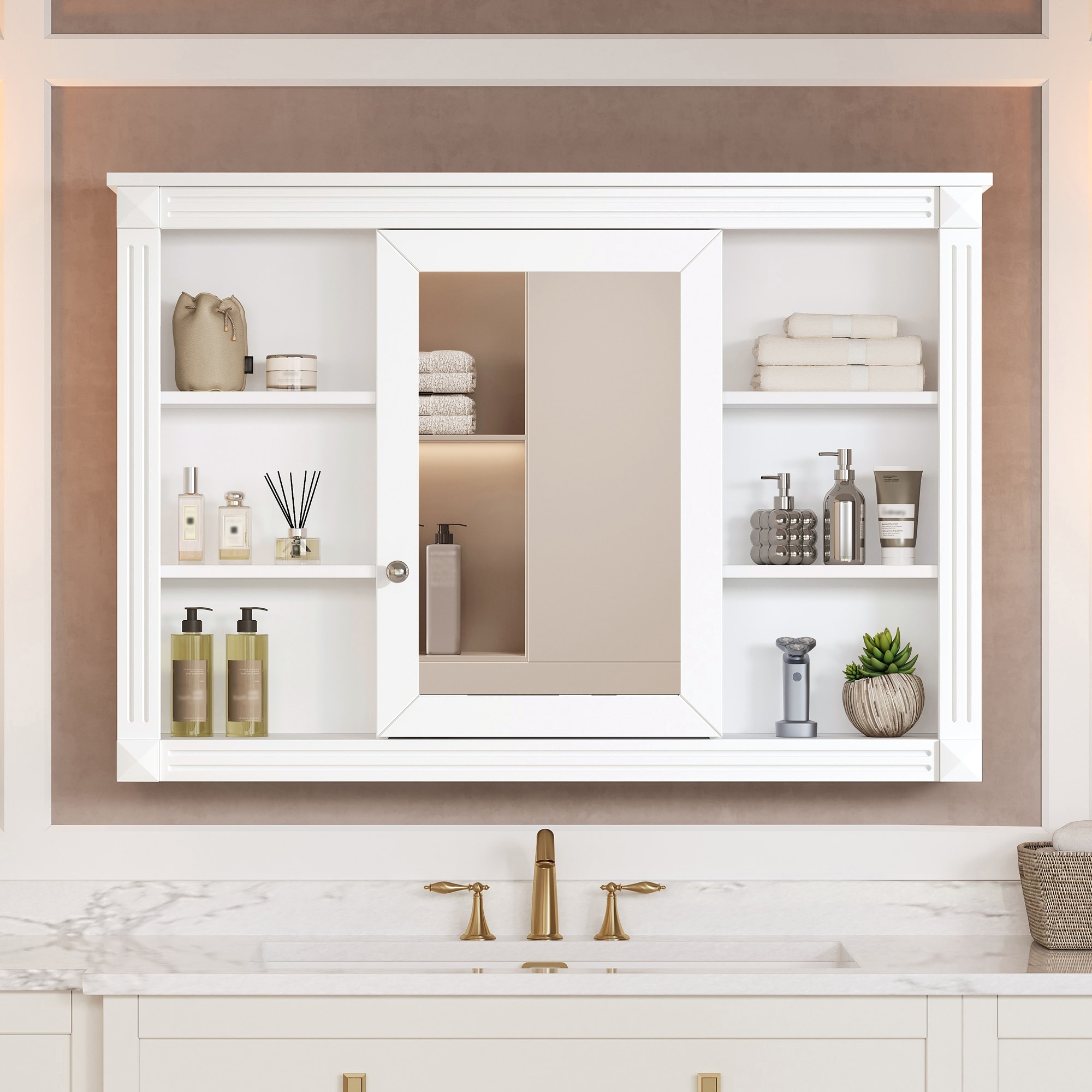 Fairmont Modern Wall-Mounted Medicine Cabinet with Adjustable Shelves, Built-In Mirror Door and Open Storage by GDFStudio