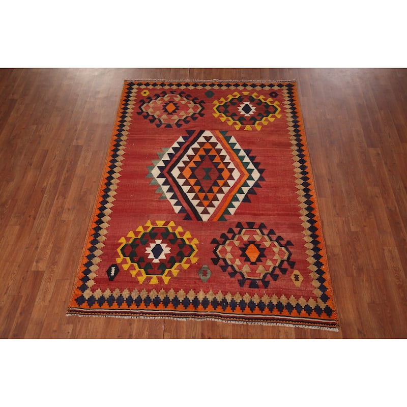 Kilim Qashqai Persian Vintage Area Rug Hand-Woven Orange Wool Carpet - 4'11"x 6'8"