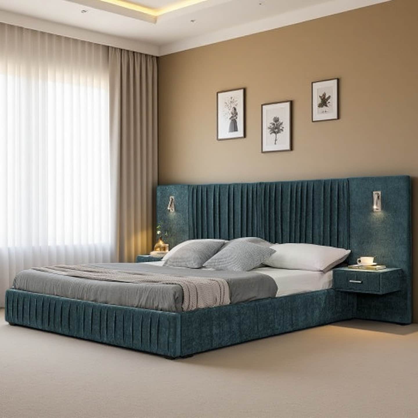 Queen Size Upholstered Platform Bed with Chenille Pleated Headboard, Integrated Bedside Table with Adjustable Lamp, Solid Frame