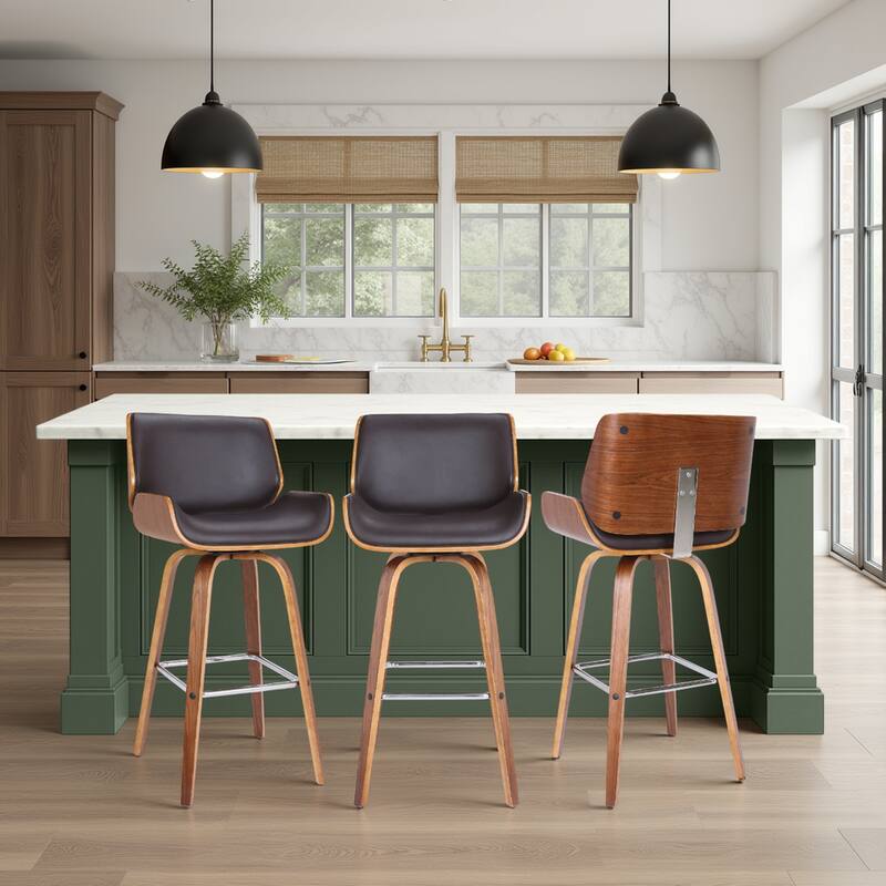 Tyler Mid-Century Swivel Bar Stool, Upholstered Counter Height Chair with Bentwood Legs - Set of 3 - Brown & Walnut - Counter Height