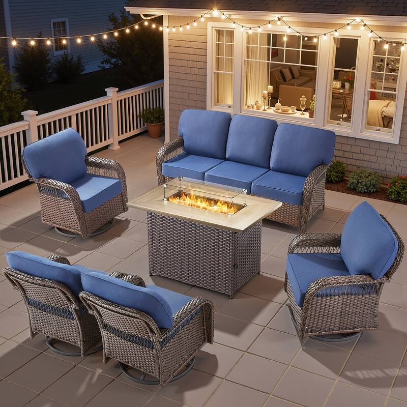 Pocassy Patio Sofa Ottoman Swivel Chair Table with Fire Table Funiture Set. - Brown Wicker Blue Cushion - 6-Piece Sofa Swivel Chair w/ Fie Pit Table