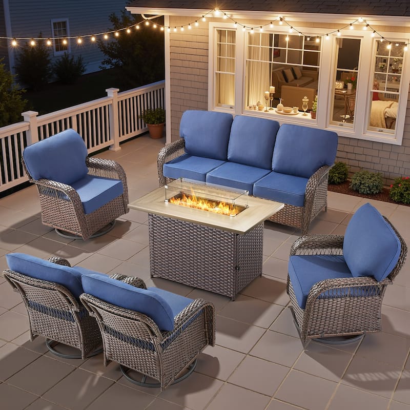 Pocassy Patio Sofa Ottoman Swivel Chair Table with Fire Table Set. - Brown Wicker Blue Cushion - 6-Piece Sofa Swivel Chair w/ Fie Pit Table