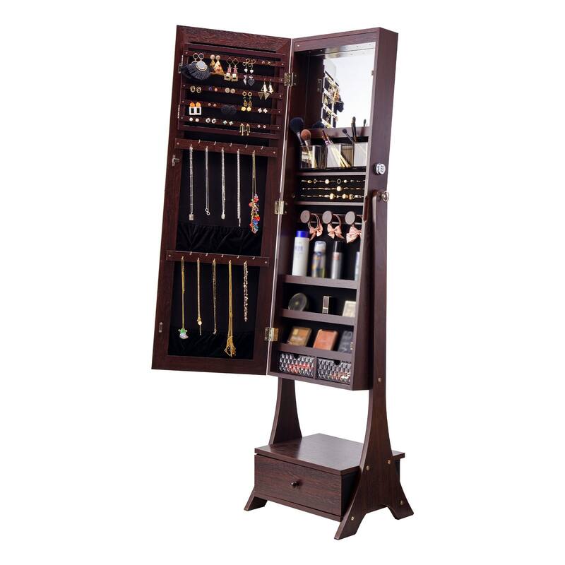 Full-Length Standing Mirror with Lockable Jewelry Cabinet Velvet Lining and Rotating Earring Holder - Brown