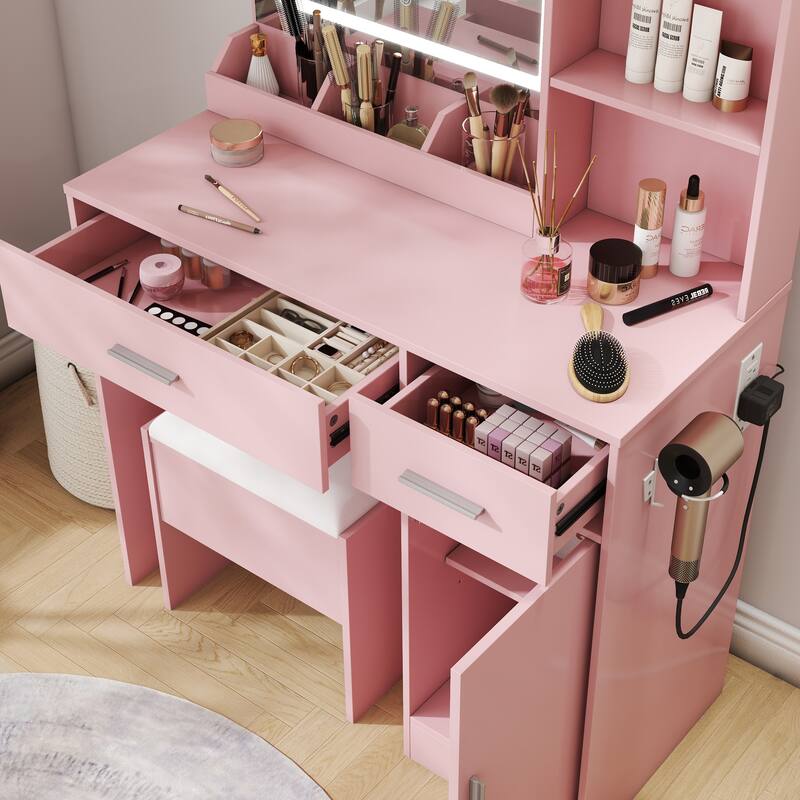 2-Piece Vanity Set with Upholstered Stool, Makeup Vanity Desk with LED Light Mirror and Charging Station