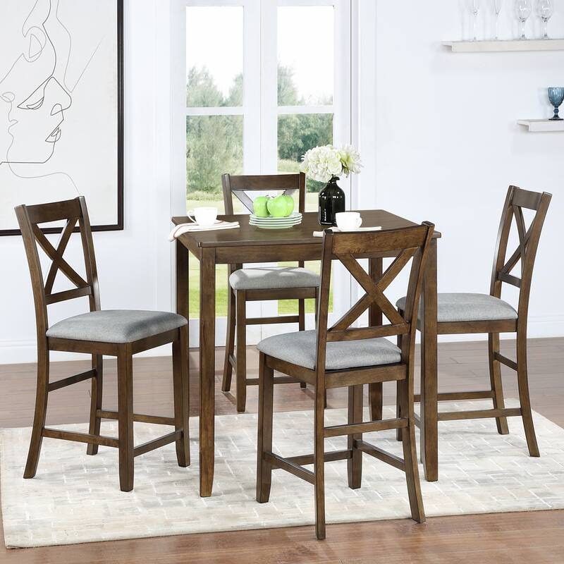 5 Piece Dining Table Set, Wooden Counter Height Kitchen Table Set with 1 Square Table and 4 Upholstered Chairs