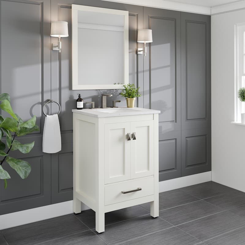 Eviva Aberdeen 24"W x 22"D White Bathroom Vanity with White Carrara Quartz Vanity Top