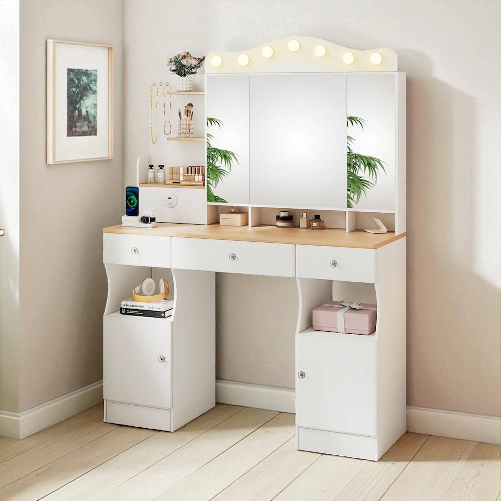 Makeup Vanity Desk with Tri-Fold LED Mirror, USB Power Strip, 3 Drawers and 2 Cabinets for Bedroom