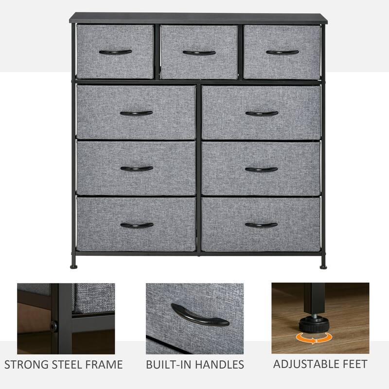 HOMCOM 9 Drawers Storage Chest Dresser Organizer Unit w/ Steel Frame, Wood Top, Easy Pull Fabric Bins, for Bedroom, Hallway