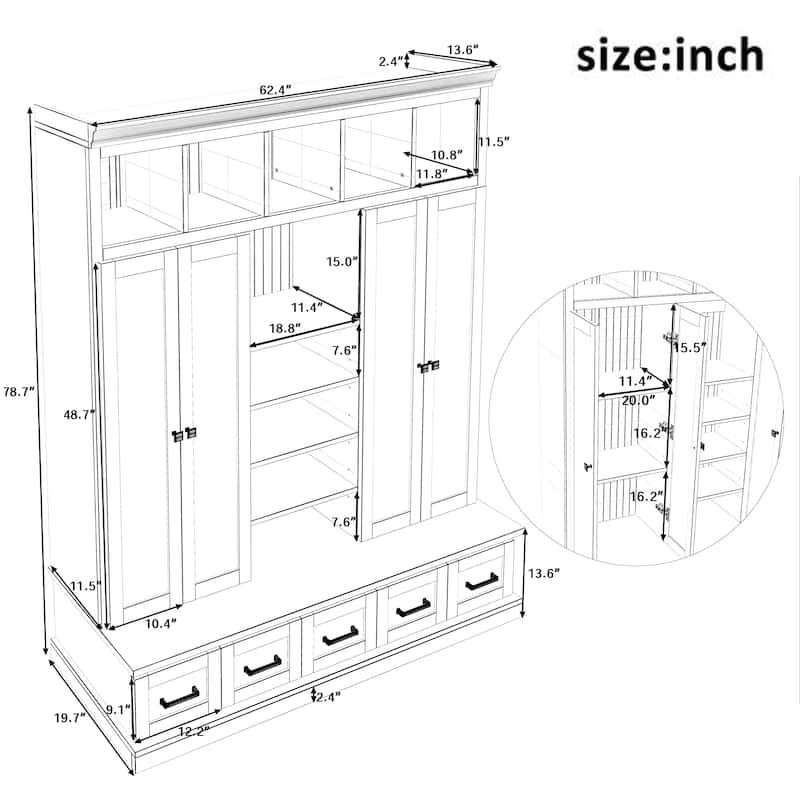 78.7''H Hall Tree with Bench,5 Storage Cubbies,4 Doors, 5 Drawers and Adjustable Shelves