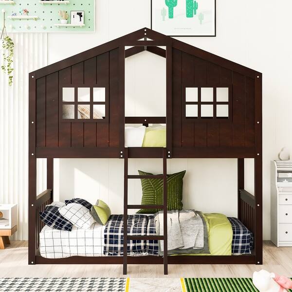 slide 2 of 11, Twin Over Twin Bunk Bed With Ladder, House-shaped Bed with Windows, Pine Wooden Bed Frame with Guardrails, Brown Espresso