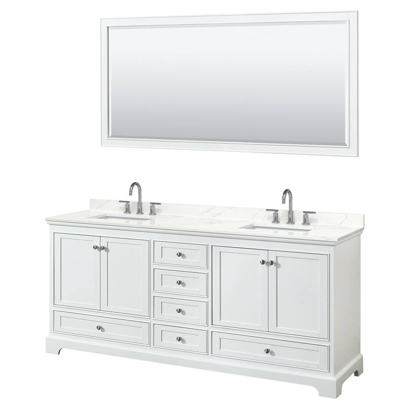 Deborah 80-inch Double Vanity, Quartz Top, 70-inch Mirror - White, Chrome Trim, Giotto Quartz Top