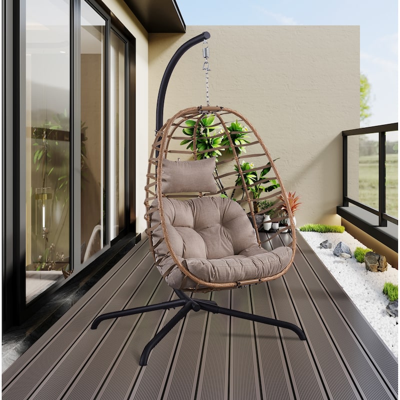 Foldable Wicker Hanging Egg Chair with Stand - Natural/Beige