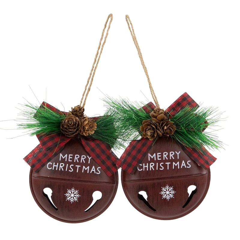 Snowflake "Merry Christmas" Jingle Bell Disc Ornaments - 5" - Set of 2