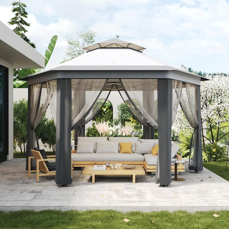 13' x 13' Hexagonal Pop Up Gazebo Canopy Shelter for Backyard, Garden, Lawn - 13' x 13' - Grey