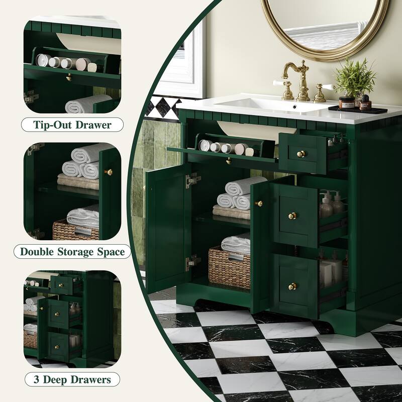 Roomfitters 36 Inch Bathroom Vanity with Sink, Modern Storage Cabinet with Adjustable Shelf and Drawers, Green