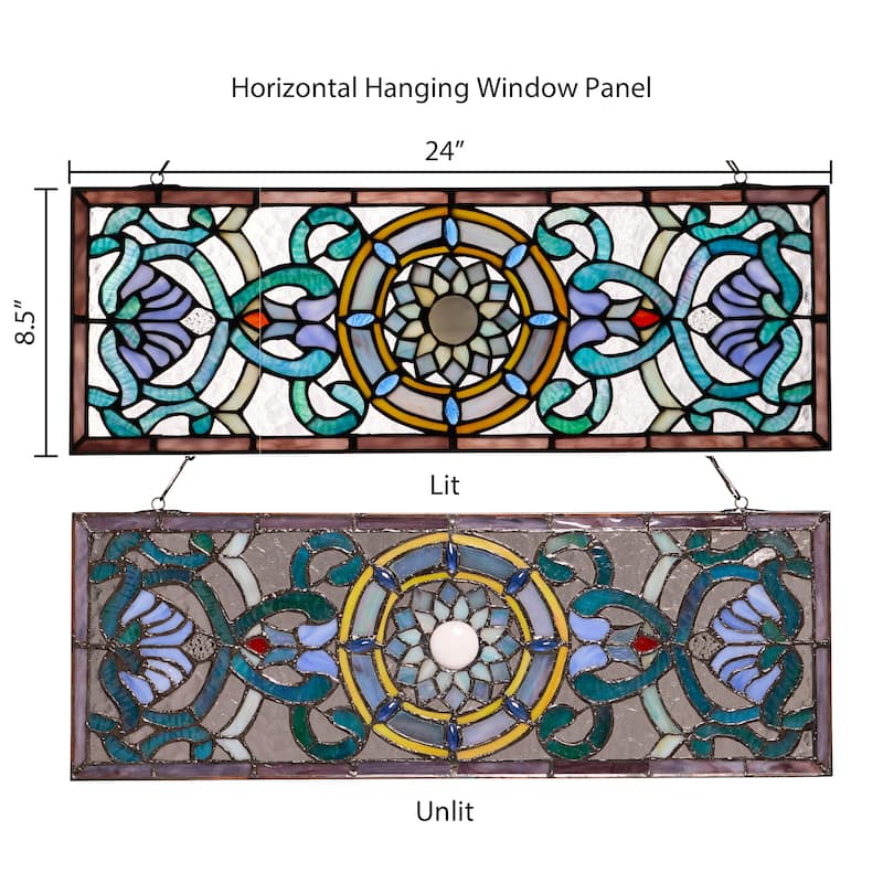 Flourished and Flowers River of Goods Shades of Blue Stained Glass Window Panel - 24" x 0.25" x 8.5"