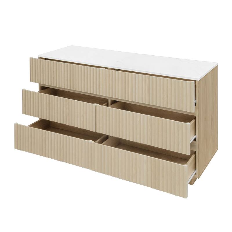 Fluted 6 Drawer Dresser, Double Dresser Chest with LED lights