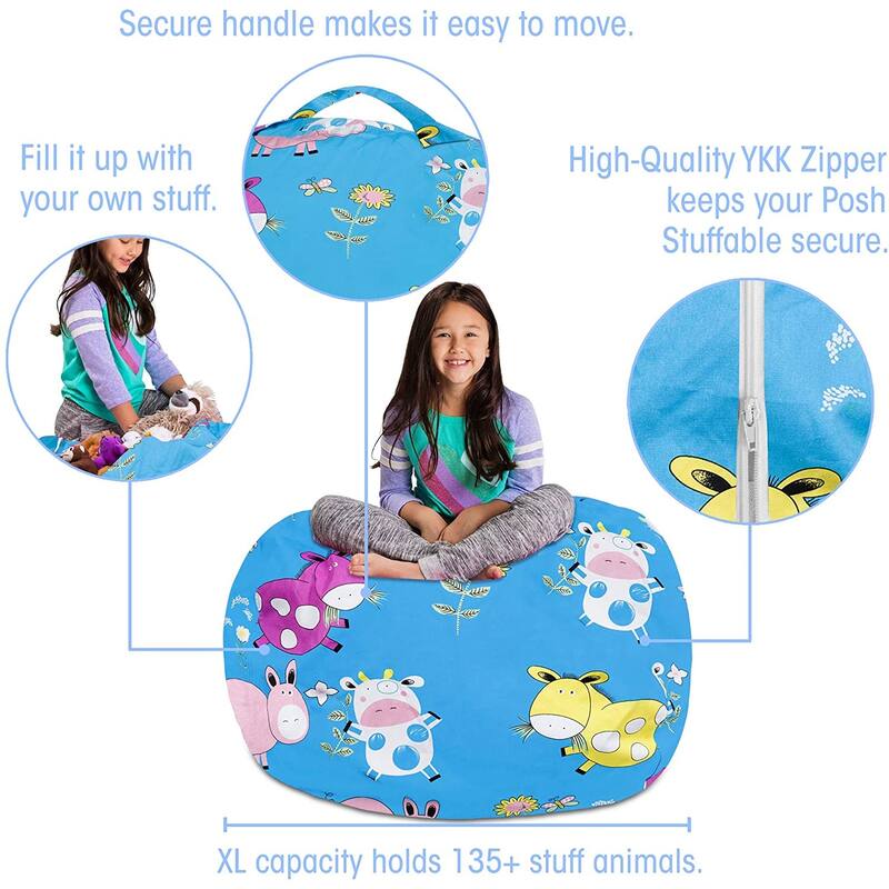 Kids Bean Bag Chair Cover Stuffed Animal Storage or Toy Organizer