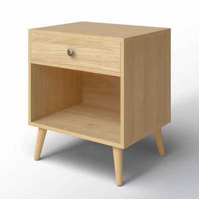 Mid Century Modern 1 Drawer Nightstand with Open Shelf Pinewood Legs