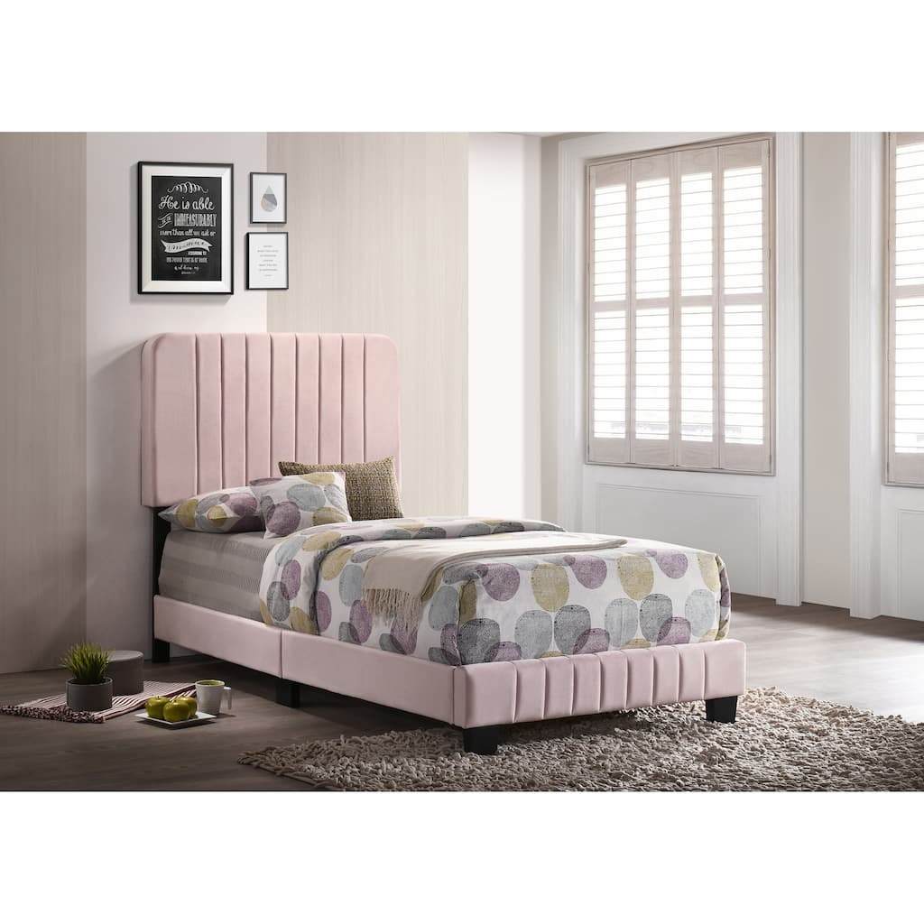 Contemporary Pink Twin Bed with Tufted Velvet and Wood Legs